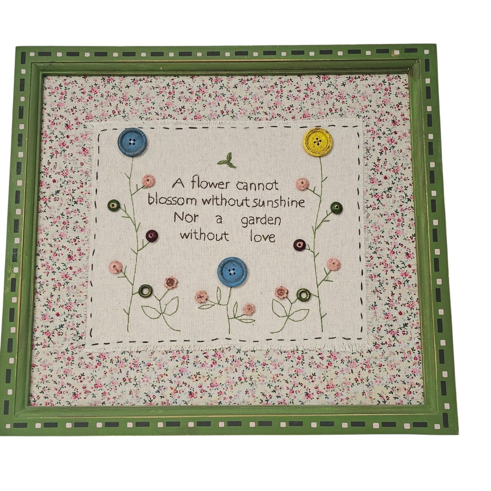 Youngs Inc Wood Fabric Wall Plaque‎ Flower Garden Quote Button Art Green 16x14